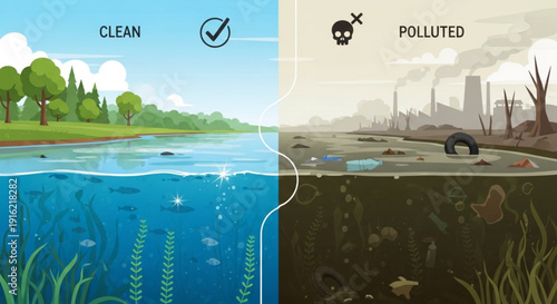 Clean and polluted environment comparison with water and ecosystem contrast