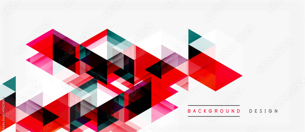 Fototapeta premium Abstract geometric pattern. Red, pink, black triangles overlap white space. Modern design element for backgrounds, presentations.