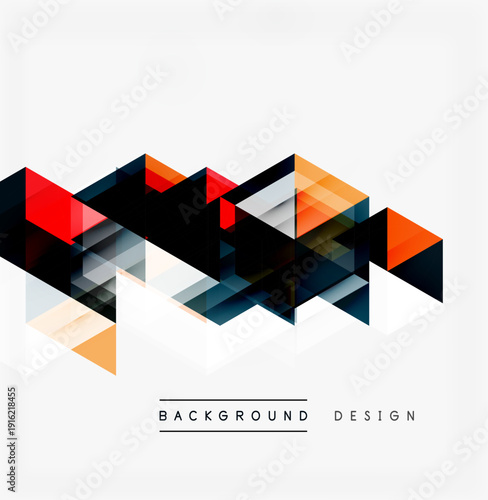 Abstract geometric shapes create dynamic composition. Overlapping triangles form modern design, utilizing vibrant colors, shadows.