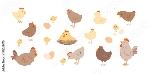 Domestic birds vector illustration set. Village farm. Cute diverse hens, chickens, and eggs in various positions, nest with a hen and scattered eggs. Print isolated on a white background.