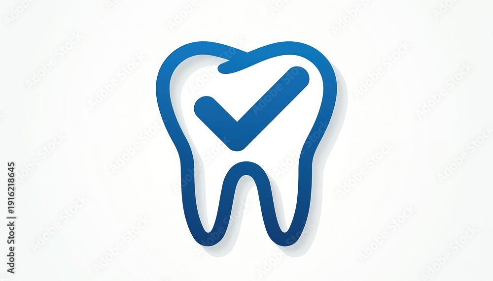 Fototapeta premium Simple blue tooth outline with check mark inside. Dental concept graphic. Symbol of oral health care cleanliness approved. Modern icon for dentist clinic website.