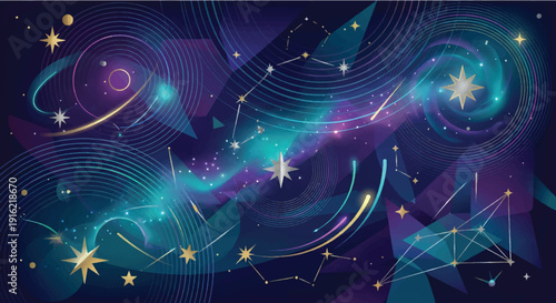 Abstract Cosmic Space Background - Galaxy Swirls and Geometric Constellations Illustration