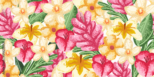 Hawaiian horizontal seamless pattern with tropical flowers and green leaves