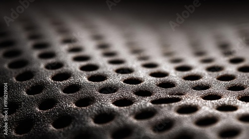 Close-up of a textured surface with small, circular holes. the holes are evenly spaced and appear to be made of a shiny, metallic material.