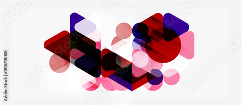 Abstract composition. Overlapping shapes, circles, squares, varying opacity create dynamic visual effect. Red, purple hues dominate.