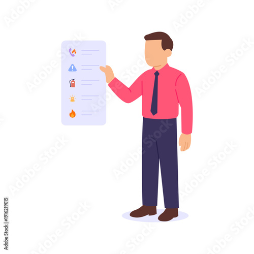 Fire Safety Compliance, meeting mandatory safety regulations, Flat vector character illustration