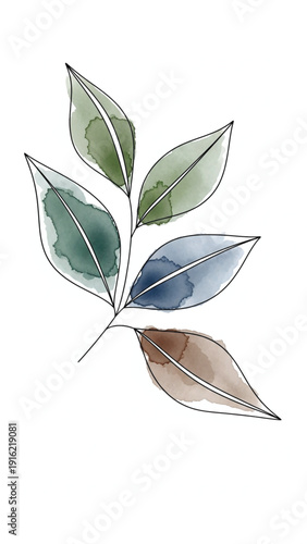 Watercolor illustration of a green leafy branch isolated on white background.