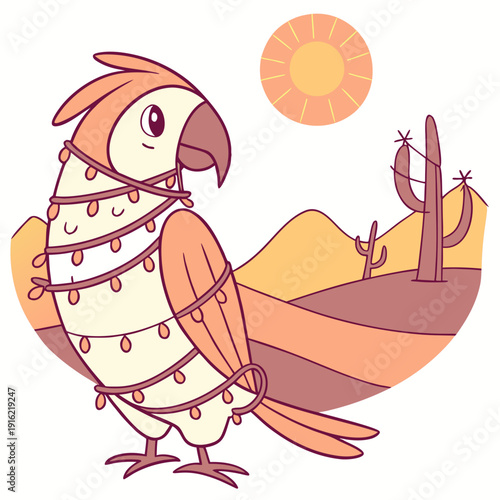 Excited expression on a Parrot in a Desert sunset theme, with wrapped in fairy lights – Sundown Glow vector art