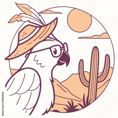 A Curious Parrot with wearing glasses in a Desert sunset theme – Sundown Glow palette SVG illustration