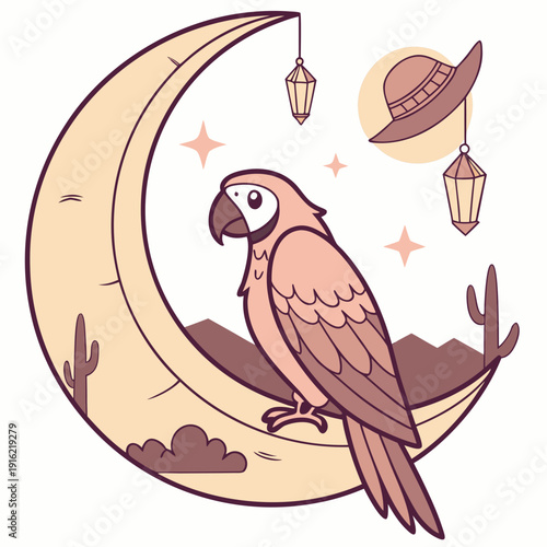 A Funny Parrot with sitting on a moon in a Desert sunset theme – Sundown Glow palette SVG illustration
