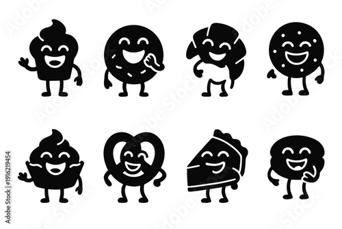 Playful Bakery Icons. Bakery characters with jokes. Filled icon set of bakery characters with jokes: laughing