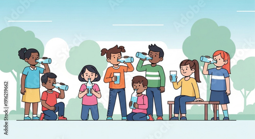 Diverse group of children drinking water from bottles and glasses in a park on a sunny day outdoors