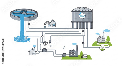 Water supply system network infrastructure with industrial and residential usage