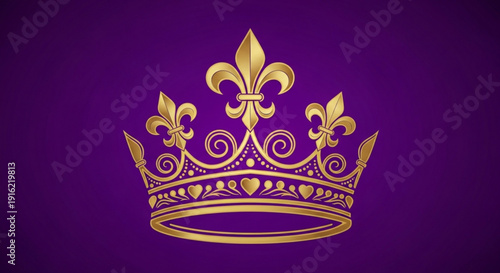 Golden crown with fleur de lis on purple background symbolizing royalty and luxury ornate design