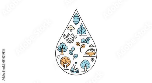 Eco friendly droplet icon with various nature and environmental symbols inside representing sustainability and conservation