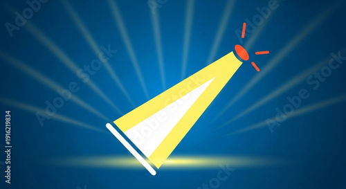 Vibrant yellow flashlight shining brightly with rays on a dark blue background symbolizing search or spotlight