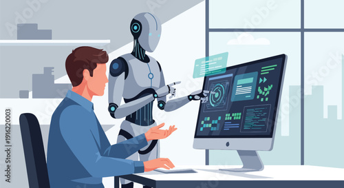 Modern flat vector illustration of human working together with AI robot on computer in modern workspace, representing collaboration between technology and people in future digital workplace