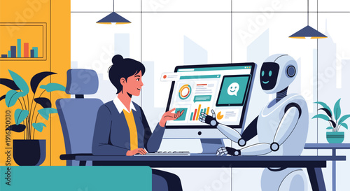 Modern flat vector illustration of human working together with AI robot on computer in modern workspace, representing collaboration between technology and people in future digital workplace