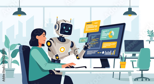 Modern flat vector illustration of human working together with AI robot on computer in modern workspace, representing collaboration between technology and people in future digital workplace