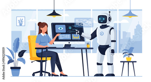 Modern flat vector illustration of human working together with AI robot on computer in modern workspace, representing collaboration between technology and people in future digital workplace