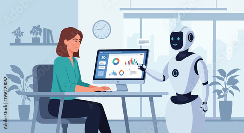 Modern flat vector illustration of human working together with AI robot on computer in modern workspace, representing collaboration between technology and people in future digital workplace