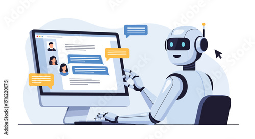 Modern flat vector illustration of AI chatbot assisting customer service on computer screen, representing digital support automation, online business technology, and virtual assistant concept