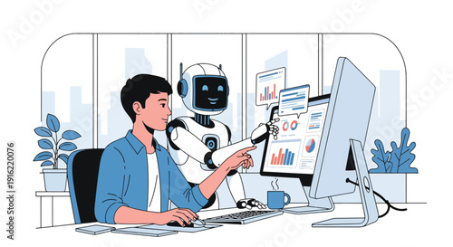 Modern flat vector illustration of human working together with AI robot on computer in modern workspace, representing collaboration between technology and people in future digital workplace