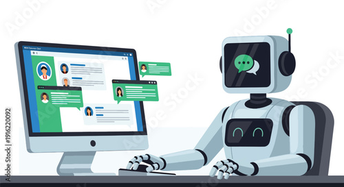 Modern flat vector illustration of AI chatbot assisting customer service on computer screen, representing digital support automation, online business technology, and virtual assistant concept