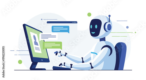 Modern flat vector illustration of AI chatbot assisting customer service on computer screen, representing digital support automation, online business technology, and virtual assistant concept