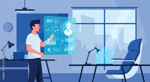 Modern flat vector illustration of person interacting with hologram artificial intelligence interface in modern workspace, representing digital future and smart technology concept