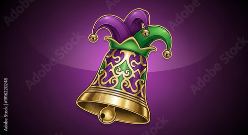 Vibrant jester's hat on ornate bell with swirling patterns against purple background symbolizing mardi gras or festive celebration