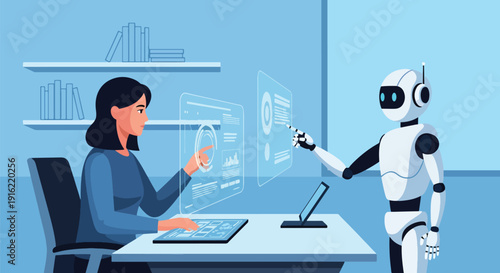Modern flat vector illustration of humans and robots working together in futuristic office workspace, representing artificial intelligence collaboration and future work environment
