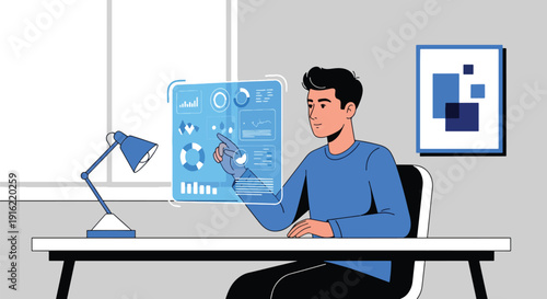 Modern flat vector illustration of person interacting with hologram artificial intelligence interface in modern workspace, representing digital future and smart technology concept