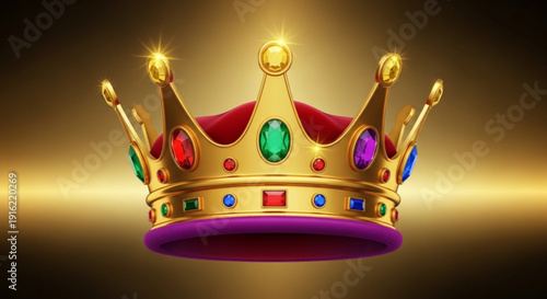 Golden crown with colorful jewels and red velvet symbolizing royalty and luxury on a dark background with spotlight