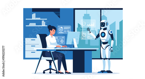 Modern flat vector illustration of humans and robots working together in futuristic office workspace, representing artificial intelligence collaboration and future work environment