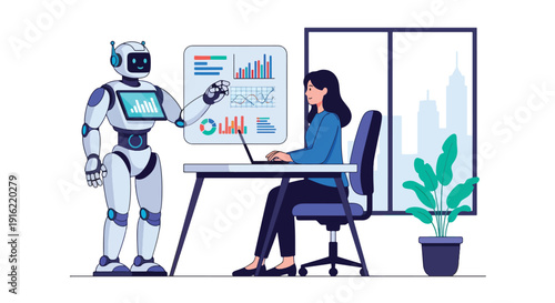 Modern flat vector illustration of humans and robots working together in futuristic office workspace, representing artificial intelligence collaboration and future work environment
