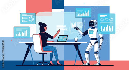 Modern flat vector illustration of humans and robots working together in futuristic office workspace, representing artificial intelligence collaboration and future work environment