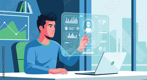 Modern flat vector illustration of person interacting with hologram artificial intelligence interface in modern workspace, representing digital future and smart technology concept