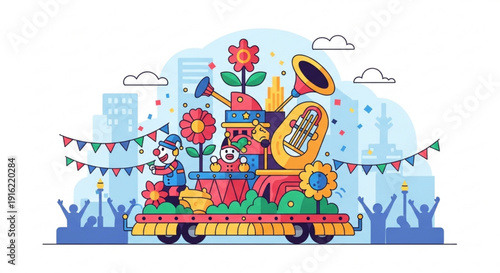Vibrant cartoon parade float with musical instruments and flowers in a festive city setting with people celebrating