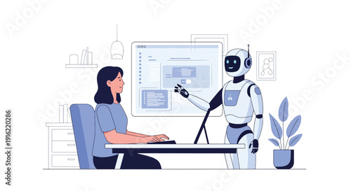 Modern flat vector illustration of humans and robots working together in futuristic office workspace, representing artificial intelligence collaboration and future work environment