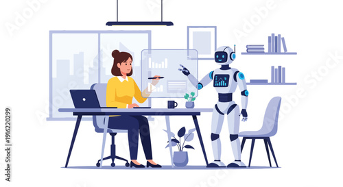 Modern flat vector illustration of humans and robots working together in futuristic office workspace, representing artificial intelligence collaboration and future work environment