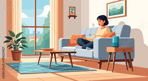 Modern flat vector illustration of person using voice assistant artificial intelligence on smart speaker at home desk, representing smart technology lifestyle