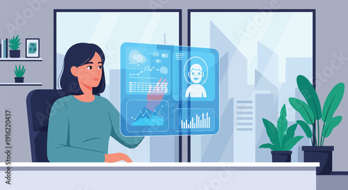Modern flat vector illustration of person interacting with hologram artificial intelligence interface in modern workspace, representing digital future and smart technology concept
