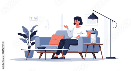 Modern flat vector illustration of person using voice assistant artificial intelligence on smart speaker at home desk, representing smart technology lifestyle