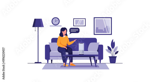 Modern flat vector illustration of person using voice assistant artificial intelligence on smart speaker at home desk, representing smart technology lifestyle