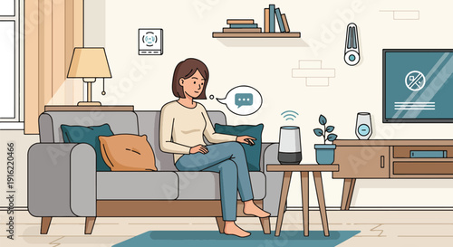 Modern flat vector illustration of person using voice assistant artificial intelligence on smart speaker at home desk, representing smart technology lifestyle