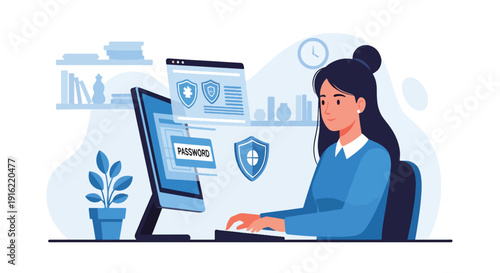 Modern flat vector illustration of user entering secure password on laptop with shield icon, representing data privacy and cybersecurity protection