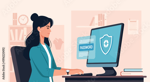 Modern flat vector illustration of user entering secure password on laptop with shield icon, representing data privacy and cybersecurity protection
