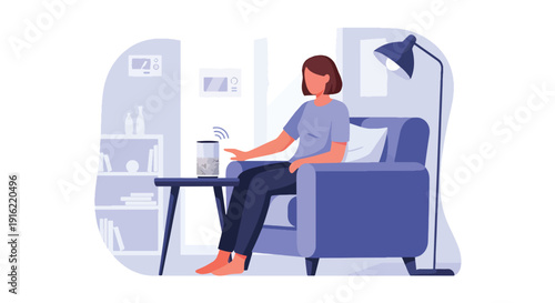 Modern flat vector illustration of person using voice assistant artificial intelligence on smart speaker at home desk, representing smart technology lifestyle
