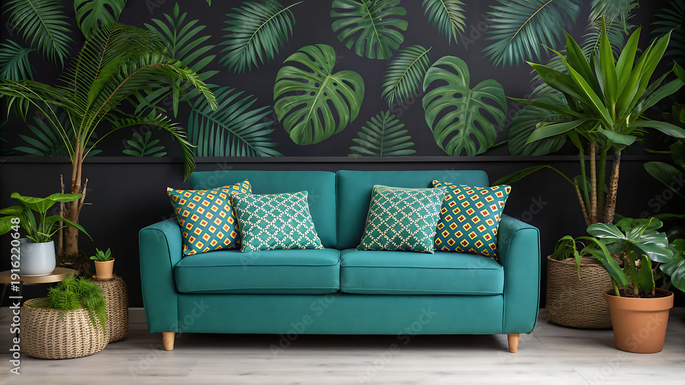 Fototapeta premium Green sofa with tropical pillows and plants
